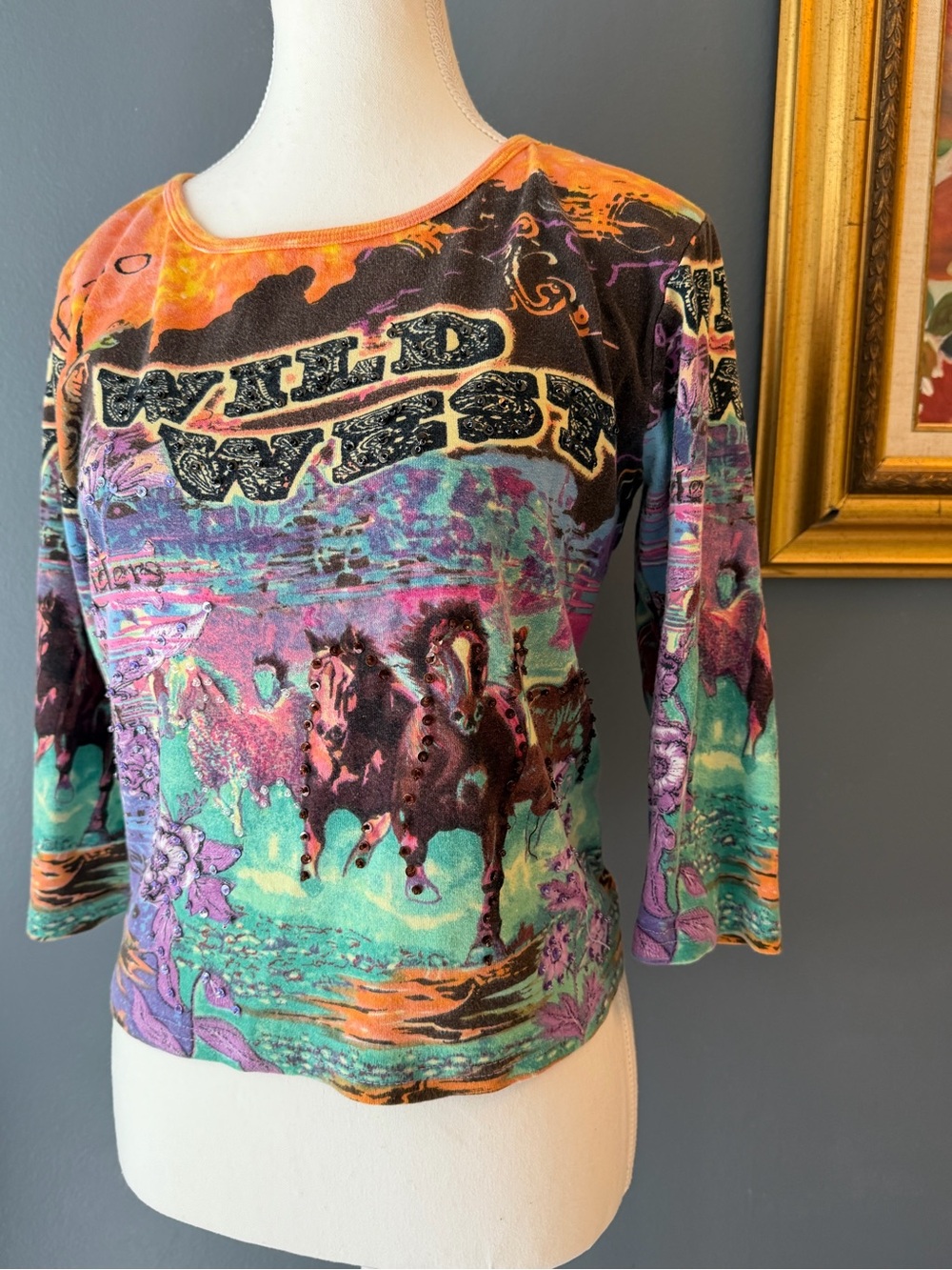 Wild West 100%Cotton 90s Western Graphic Horse Print Top